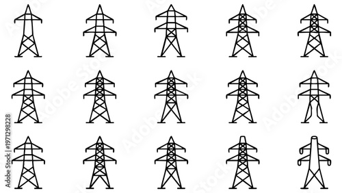 High voltage powerline pylon icons collection for electric utility engineering