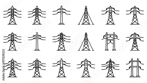 High voltage powerline pylon icons collection for electric utility engineering