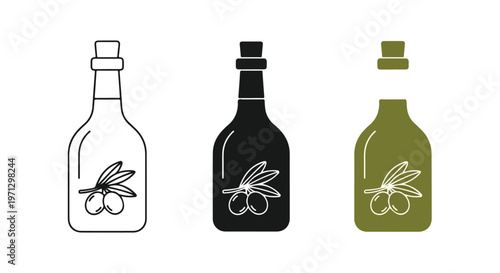 Three stylized bottles of olive oil with olive branches depicted on the labels, presented in outline, silhouette