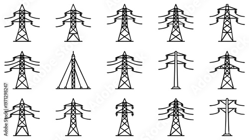High voltage powerline pylon icons collection for electric utility engineering