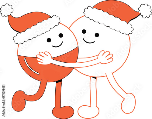 Two cartoon characters hugging wearing santa hats christmas