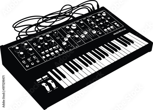 Isolated piano keys on a white background form a digital musical keyboard, blending retro instrument equipment with modern electronic technology and sound