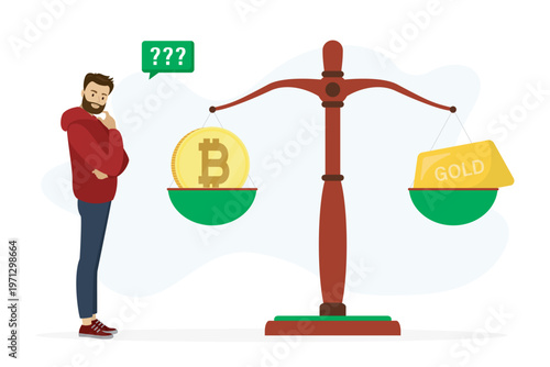 Businessman investor contemplates between investing in Bitcoin or physical gold, weighing assets on balanced scale. Dilemma in modern finance, financial literacy,