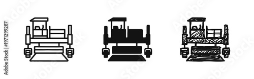 Road Paver Construction Vehicle Icon Set in Outline, Solid, and Sketchy Styles