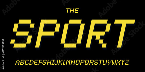 Y2K pixel alphabet, bold blocky letters, retro 8bit font for nostalgic sport game branding, vintage racing arcade headline style, digital typography, pixel 2000s typographic design. Vector typeset.