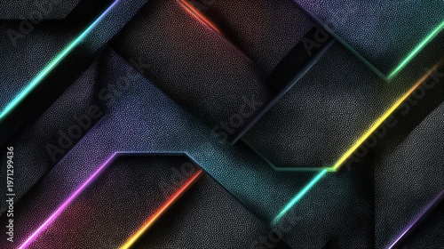 Futuristic dark metal background with neon light lines, geometric tech texture with glowing led edges, abstract gaming wallpaper with metallic plates