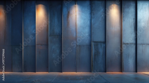 Industrial metal wall texture with spotlights, dark blue steel panel background, moody architectural interior with warm lighting accents