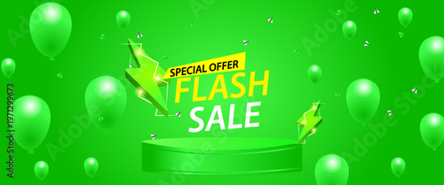 Green Flash Sale Banner Template with 3D Podium, Realistic Balloons and Electric Bolt Thunder Elements for Product Display, Discount Promotion, and E-commerce Marketing - Vector