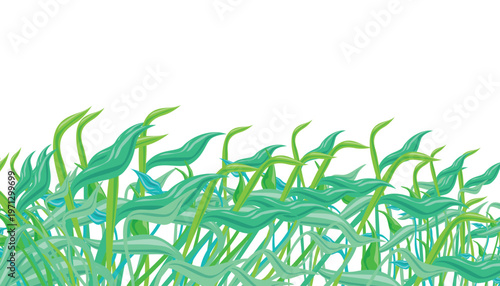 Green and blue abstract wavy plant stems and leaves