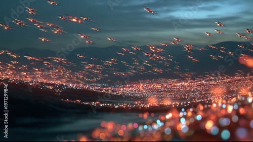 Futuristic drone swarm flying over city at night, autonomous delivery drones above urban landscape, glowing robotic fleet in evening sky