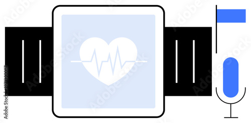 Fitness technology, health monitoring, wearable devices, digital healthcare, cardiology, mobile health. Smartwatch with heart rate icon and sensor elements. Fitness technology and health monitoring
