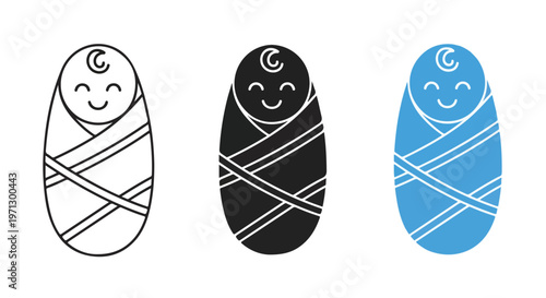 Three stylized illustrations of a newborn baby wrapped in a swaddling blanket, showing different design styles