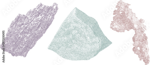 Crystals in abstract geometric forms. Stippled shadows, halftone layering, bold print threshold and dusty scanner texture overlay.