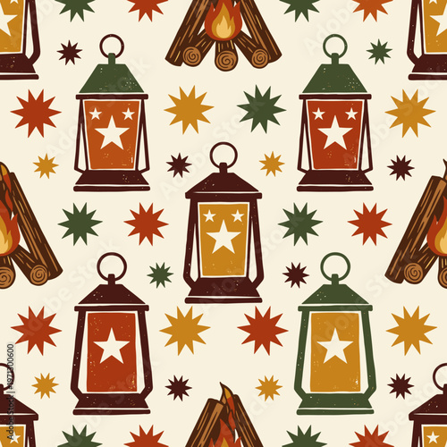 Pattern of rustic lanterns, bonfires and stars in folk style