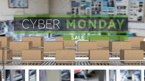 Animation of cyber monday text over cardboard boxes on conveyor belts
