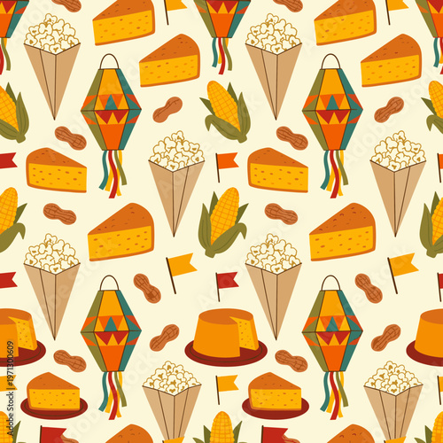 Festive pattern with corn, popcorn, cake, and lanterns