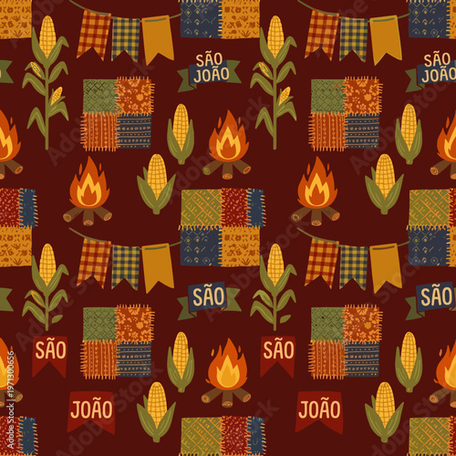 Festa Junina pattern with corn, bonfires, and banners