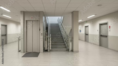 Modern office building interior hallway.