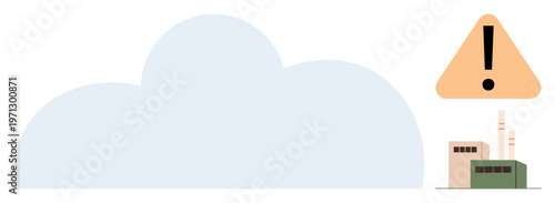 Environmental awareness, air pollution, industrial safety, emission control, climate change, factory regulation. Factory emitting pollution with warning sign. Air pollution and industrial safety