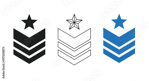 Three different military rank insignia symbols including chevron stripes and a star in black, outline, and blue