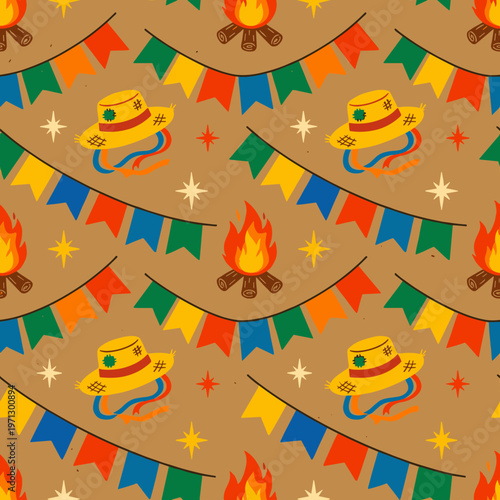 Festive Brazilian Festa Junina seamless pattern with flags and bonfires
