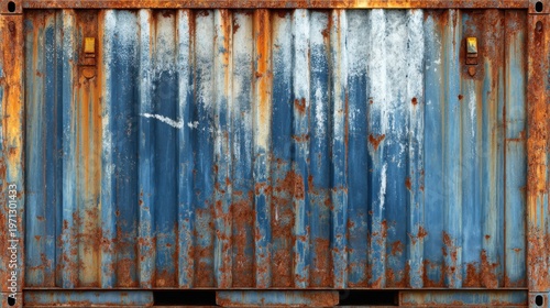 Rusty blue shipping container texture, weathered industrial metal background, aged corrugated steel wall with orange rust and peeling paint