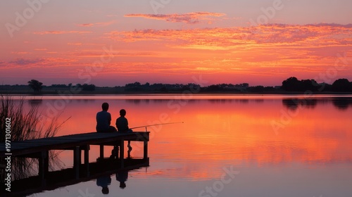 Silhouette of a father and son sitting on a wooden dock fishing together during a vibrant orange sunset over a calm lake, peaceful family bonding outdoors, realistic photo.