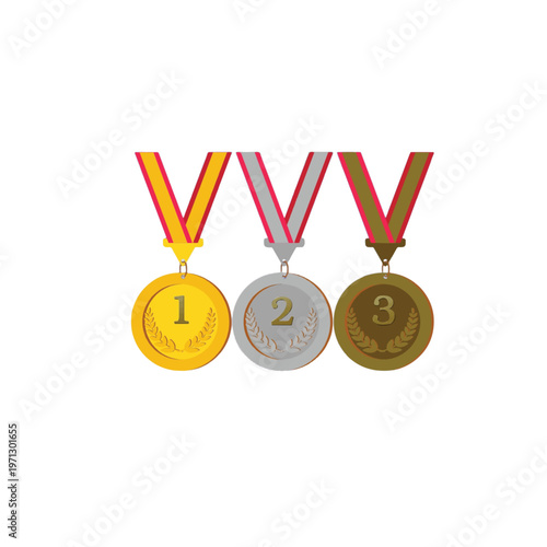 Three medals with ribbons representing first, second, and third place awards