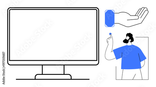 Digital interaction, accessibility, minimalism, visual communication, technology concept, user-centered design. A monitor, a hand and a person holding a small object. Digital interaction