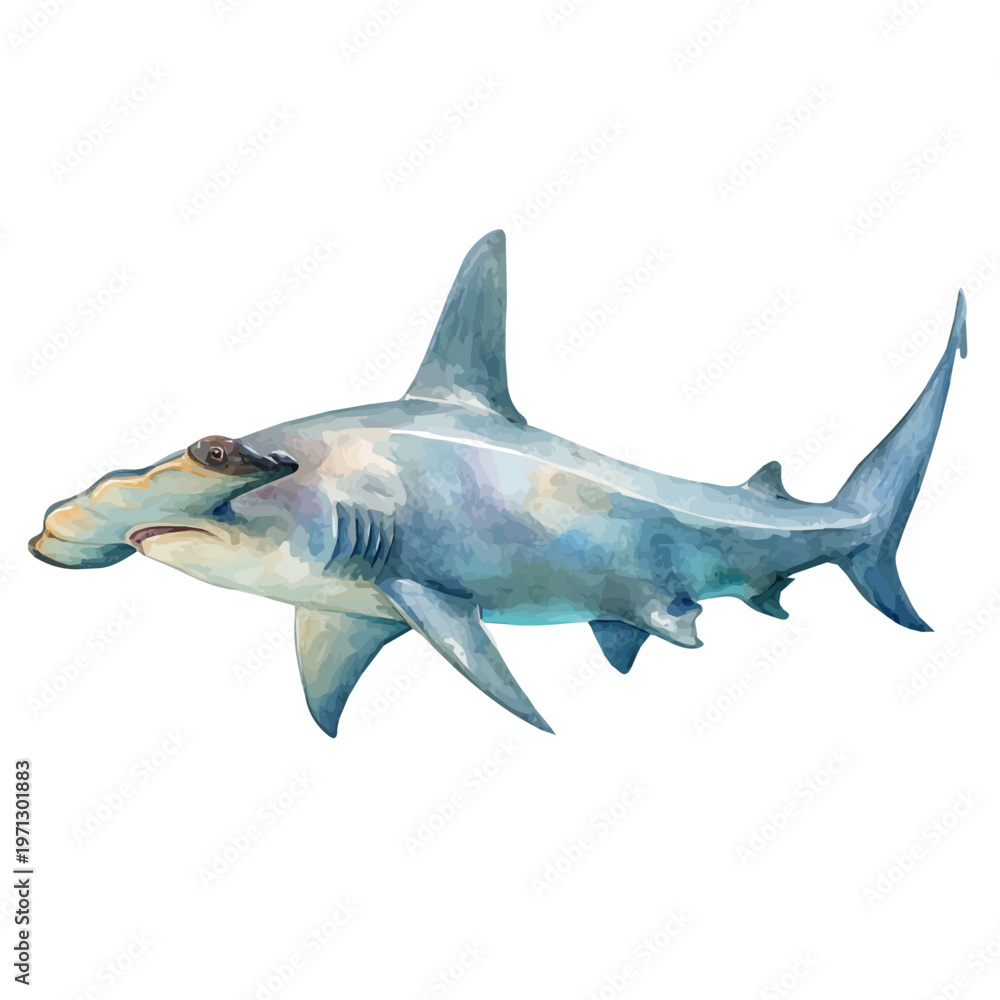 Fototapeta premium Hammerhead Shark watercolor artwork, high-quality professional vector illustration isolated on a white background.