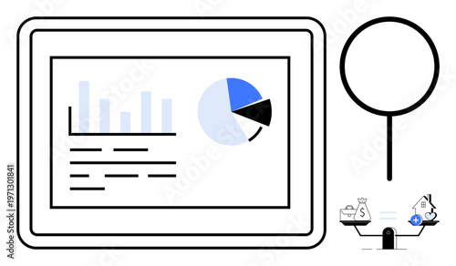 Data analysis concept. Data ed through a chart for insights and a magnifying glass scrutiny. Financial balance with scales. For finance, statistics, analytics, decision-making, and business growth