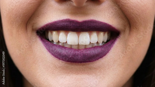 Close-up of a Smiling Mouth with Purple Lipstick and White Teeth