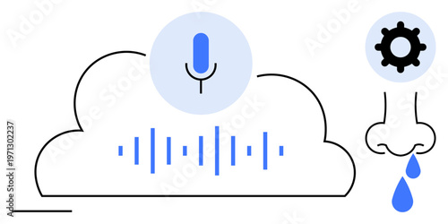 Voice recognition concept. Voice recognition with a cloud, microphone, and soundwaves. Voice recognition technology transforms speech data into useful applications. For AI, speech processing, cloud