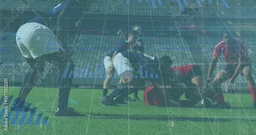 Animation of data processing over diverse rugby players at stadium