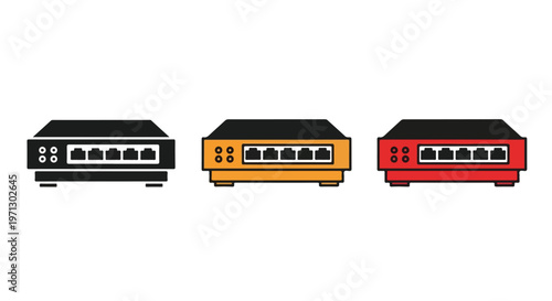 Three colorful network switches in black, orange, and red, showcasing connectivity ports for internet and data transfer