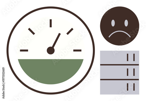 Stress monitoring, performance analysis, system failure, server overload, data management, workload assessment. A gauge, sad face and server blocks. Stress monitoring and performance analysis