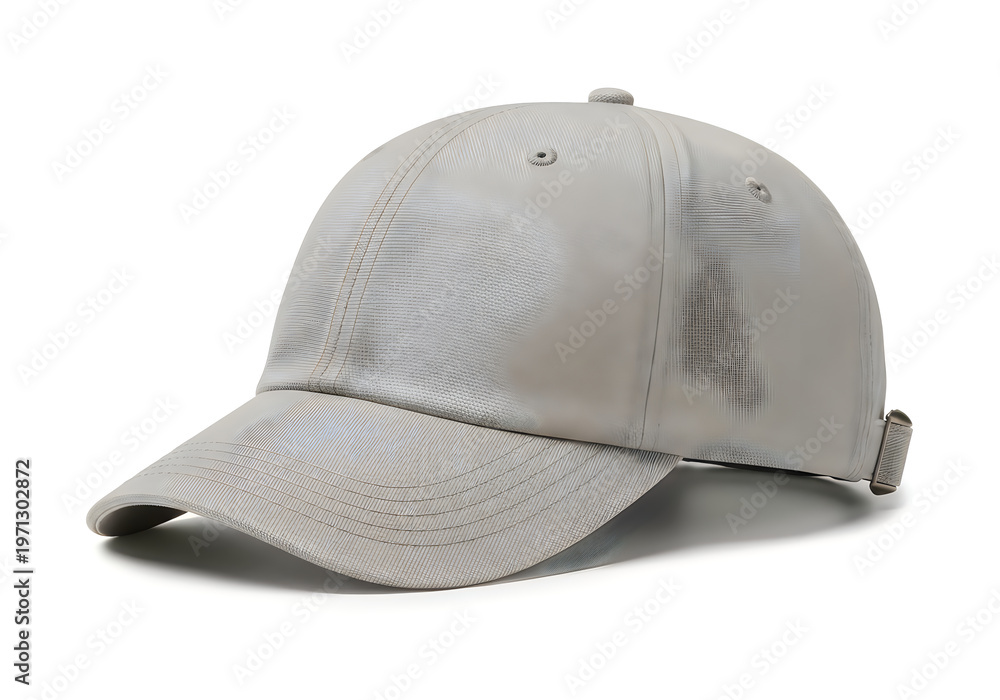 Fototapeta premium Distressed light grey baseball cap with frayed edges and worn fabric, isolated on white background