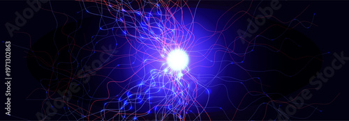 Neuron Firing Human Brain Neural Network Innovate Science Technology Background. Medical Neurology Bio Tech Scientific Research Banner Flash Glow Fractal. Blue AI Digital Net. Vector Illustration