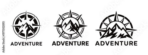 Adventure logo collection featuring mountain peaks with compass rose and starburst, black and white vector badge