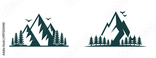 Mountain adventure logo with pine forest and flying birds, outdoor explorer emblem vector illustration