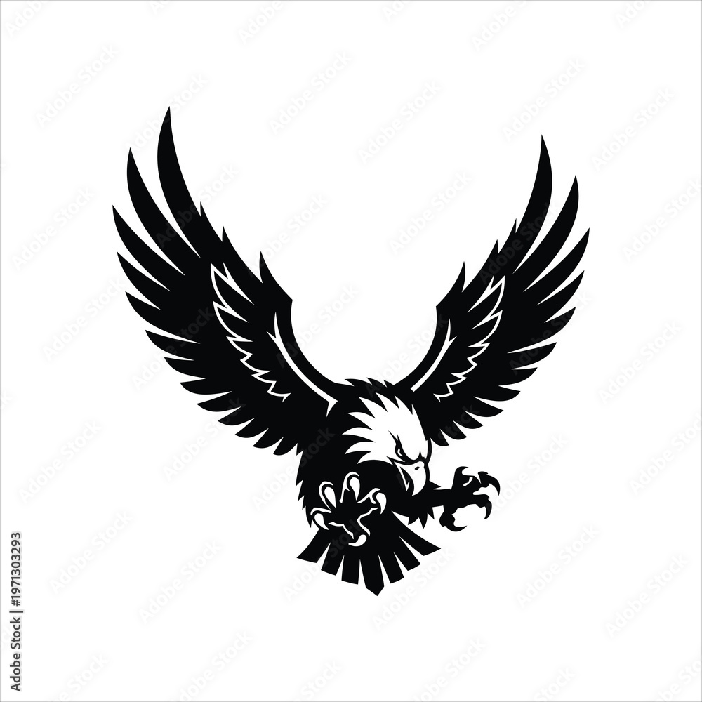 Obraz premium Flying Eagle Logo Vector, Aggressive Bird of Prey Black and White Icon