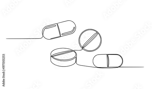 Medicine pills set continuous one line drawing capsule and tablet minimal healthcare vector icons