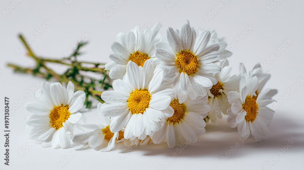 Obraz premium White daisies with yellow centers on white background