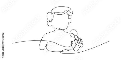 A man in a one-line art style holds a microphone, ready to speak or sing on a minimalist white background.