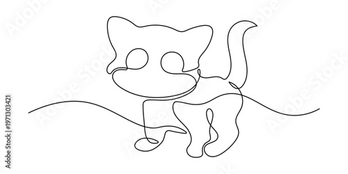 A charming and playful cat is drawn with a single continuous line, capturing its adorable form on a pristine white background.