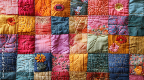 Colorful Patchwork Quilt with Floral Embroidery and Textured Patterns