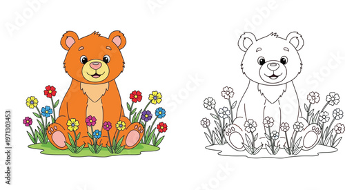 Cute Bear Sitting in a Flower Garden Coloring Page for Kids, Set of Colored and Black and White Outline Vector Illustration for Preschool Education and Creative Fun Activities