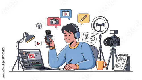 Content Creator Working on Laptop Vector Illustration