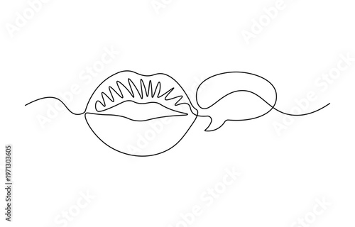 A pair of expressive lips are depicted alongside a speech bubble in a smooth continuous line drawing, symbolizing communication and dialogue.