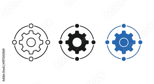 Three different gear icons representing settings, configuration, and mechanical engineering solutions in various styles